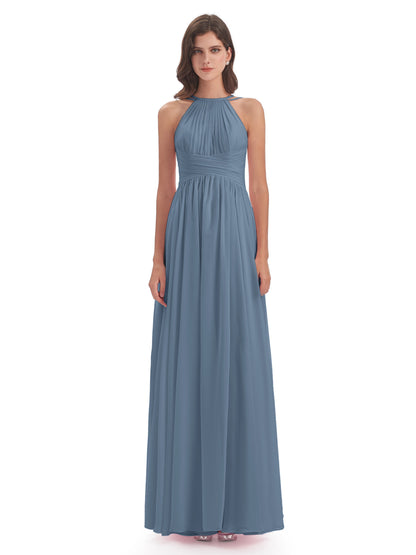 Ellianna Halter Open Back Chiffon Long Bridesmaid Dresses