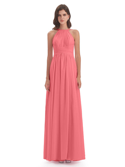 Ellianna Halter Open Back Chiffon Long Bridesmaid Dresses