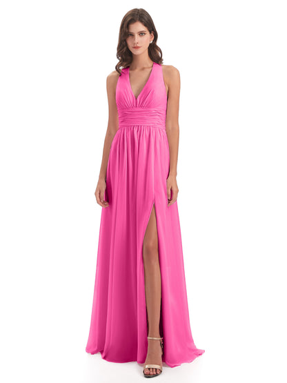 Emily Floor Length V Neck Split Chiffon Bridesmaid Dresses