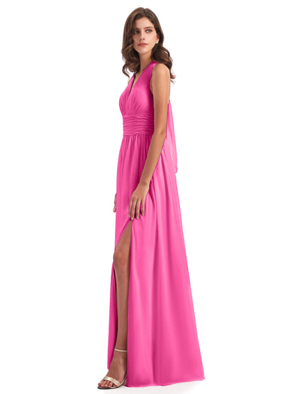 Emily Floor Length V Neck Split Chiffon Bridesmaid Dresses