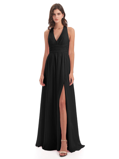 Emily Floor Length V Neck Split Chiffon Bridesmaid Dresses