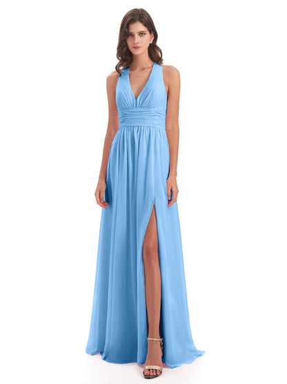Emily Floor Length V Neck Split Chiffon Bridesmaid Dresses