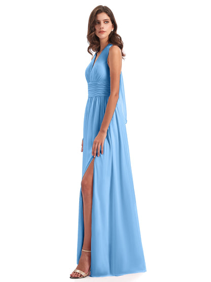 Emily Floor Length V Neck Split Chiffon Bridesmaid Dresses
