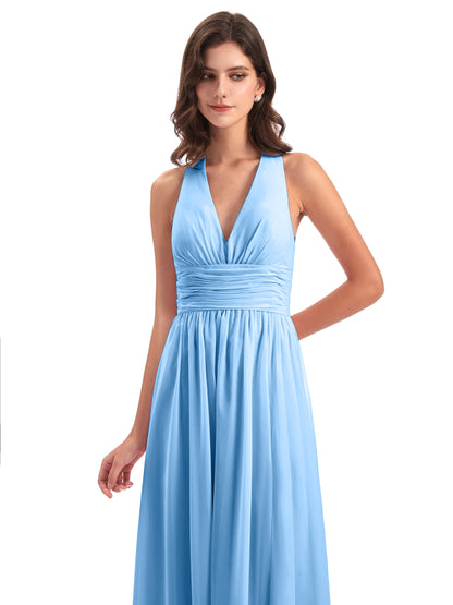Emily Floor Length V Neck Split Chiffon Bridesmaid Dresses