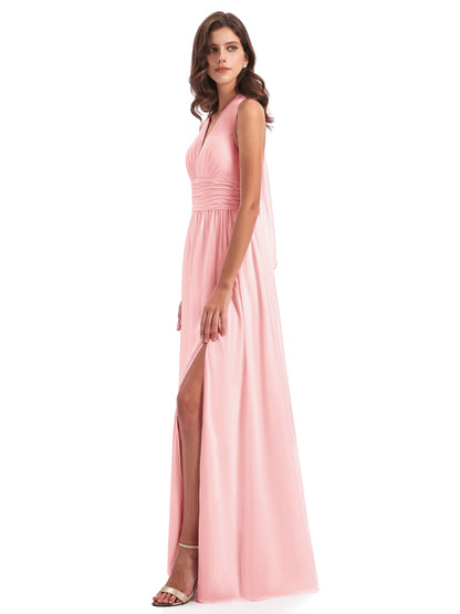 Emily Floor Length V Neck Split Chiffon Bridesmaid Dresses