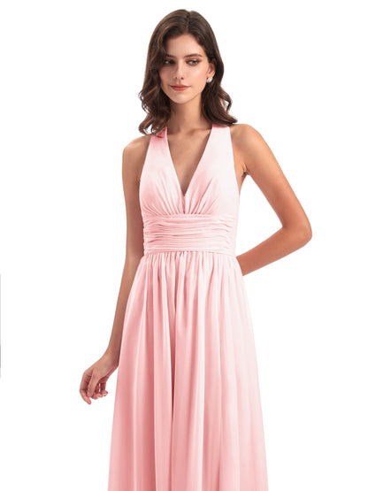 Emily Floor Length V Neck Split Chiffon Bridesmaid Dresses