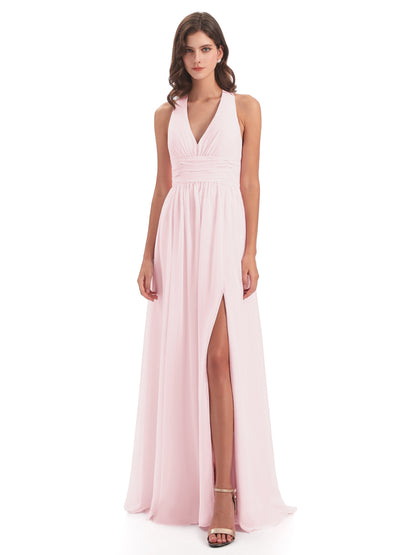 Emily Floor Length V Neck Split Chiffon Bridesmaid Dresses