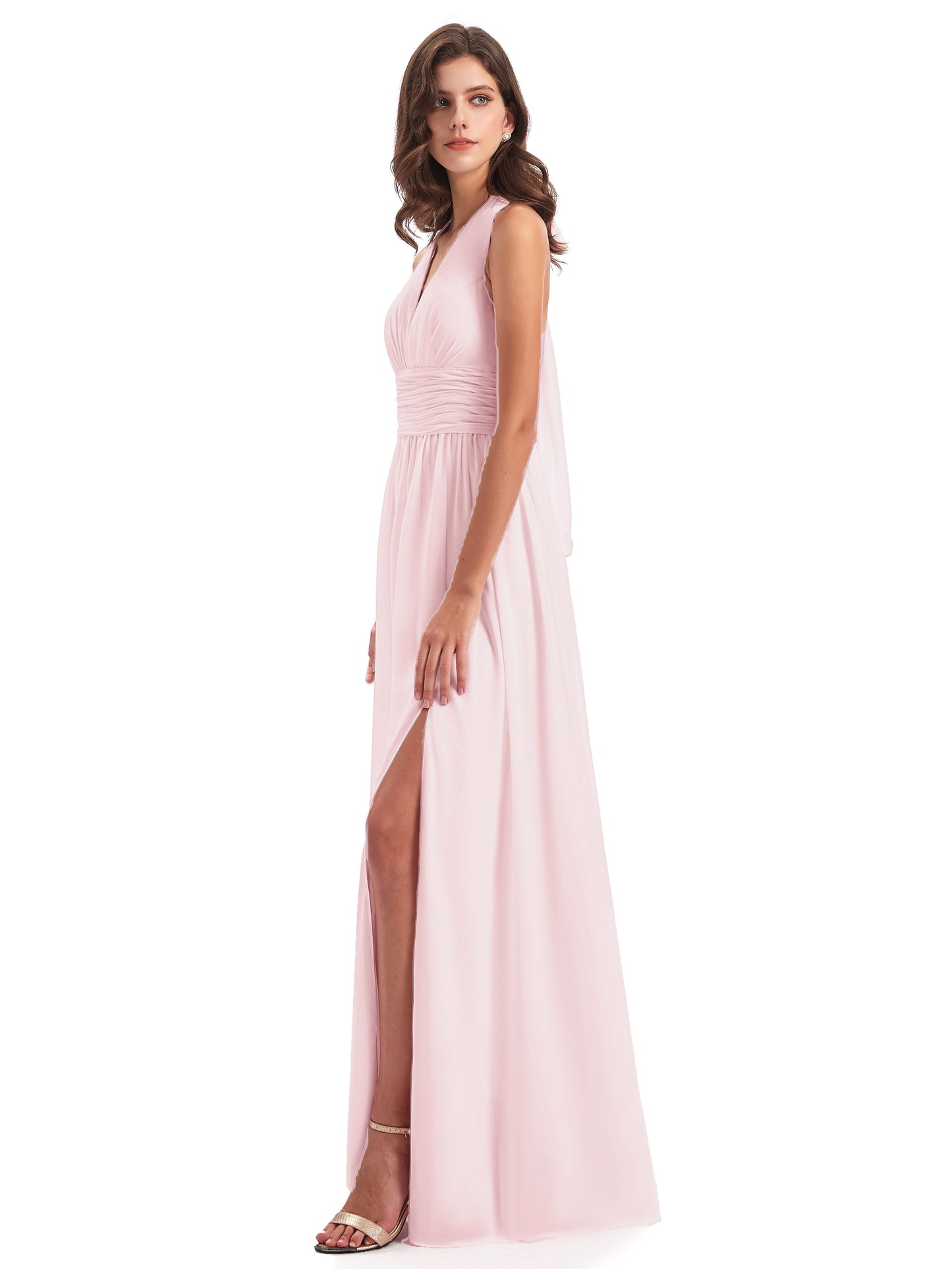 Emily Floor Length V Neck Split Chiffon Bridesmaid Dresses