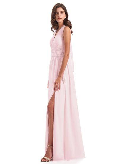 Emily Floor Length V Neck Split Chiffon Bridesmaid Dresses