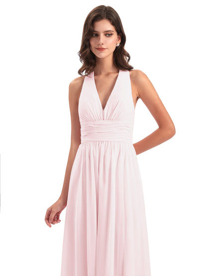 Emily Floor Length V Neck Split Chiffon Bridesmaid Dresses