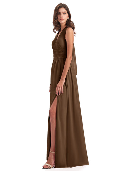 Emily Floor Length V Neck Split Chiffon Bridesmaid Dresses