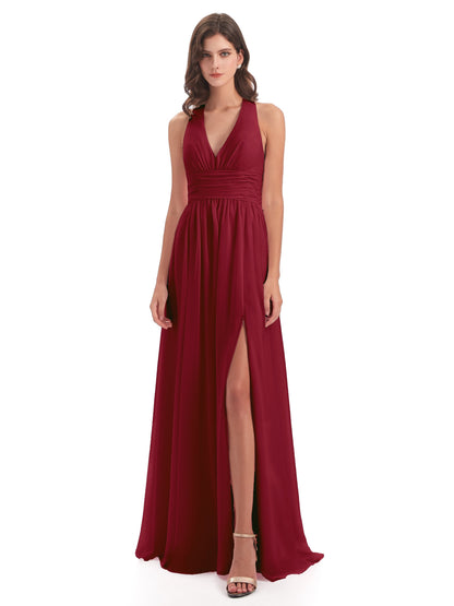 Emily Floor Length V Neck Split Chiffon Bridesmaid Dresses