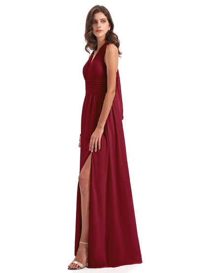 Emily Floor Length V Neck Split Chiffon Bridesmaid Dresses