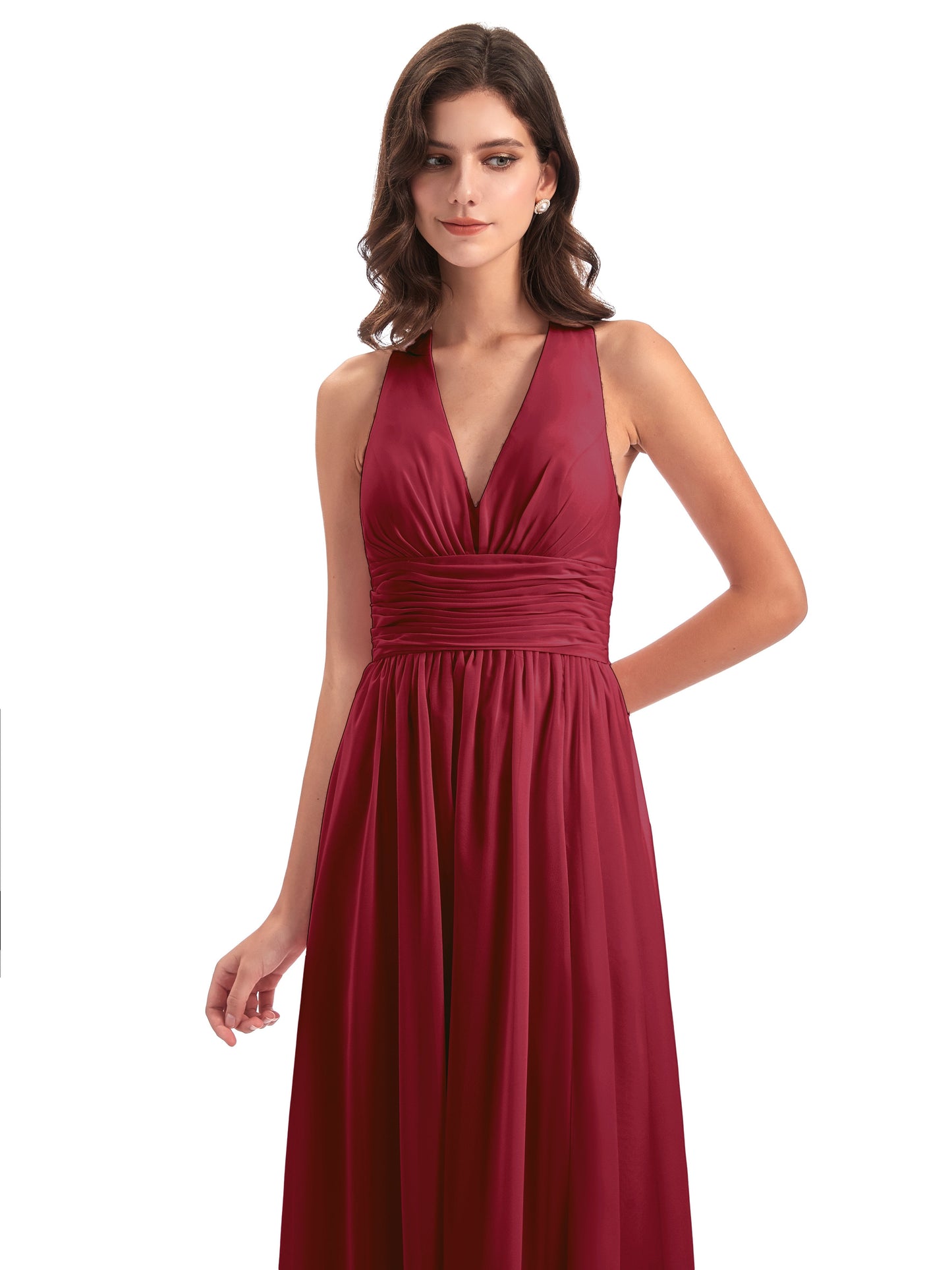 Emily Floor Length V Neck Split Chiffon Bridesmaid Dresses