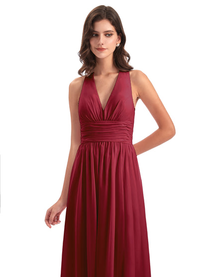 Emily Floor Length V Neck Split Chiffon Bridesmaid Dresses
