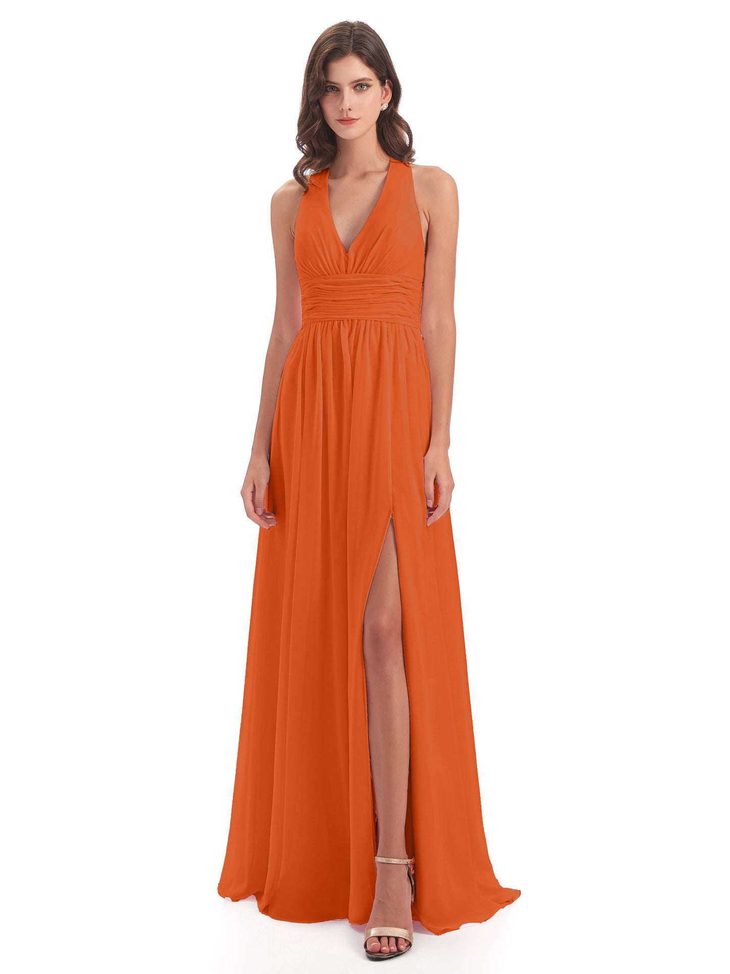 Emily Floor Length V Neck Split Chiffon Bridesmaid Dresses