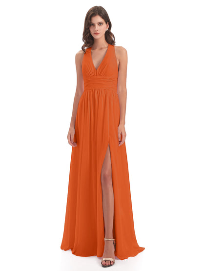 Emily Floor Length V Neck Split Chiffon Bridesmaid Dresses