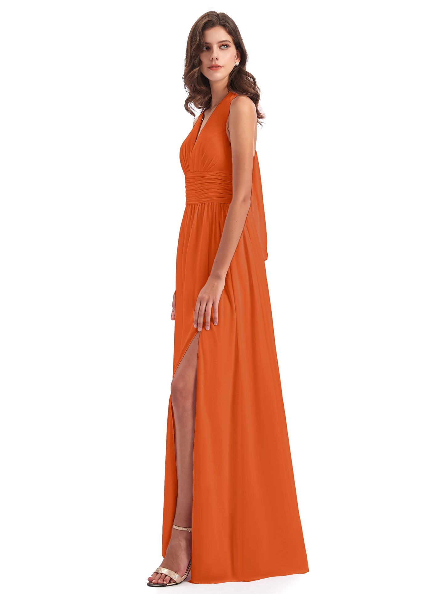 Emily Floor Length V Neck Split Chiffon Bridesmaid Dresses