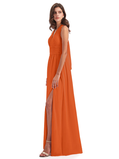 Emily Floor Length V Neck Split Chiffon Bridesmaid Dresses