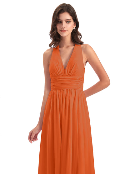 Emily Floor Length V Neck Split Chiffon Bridesmaid Dresses