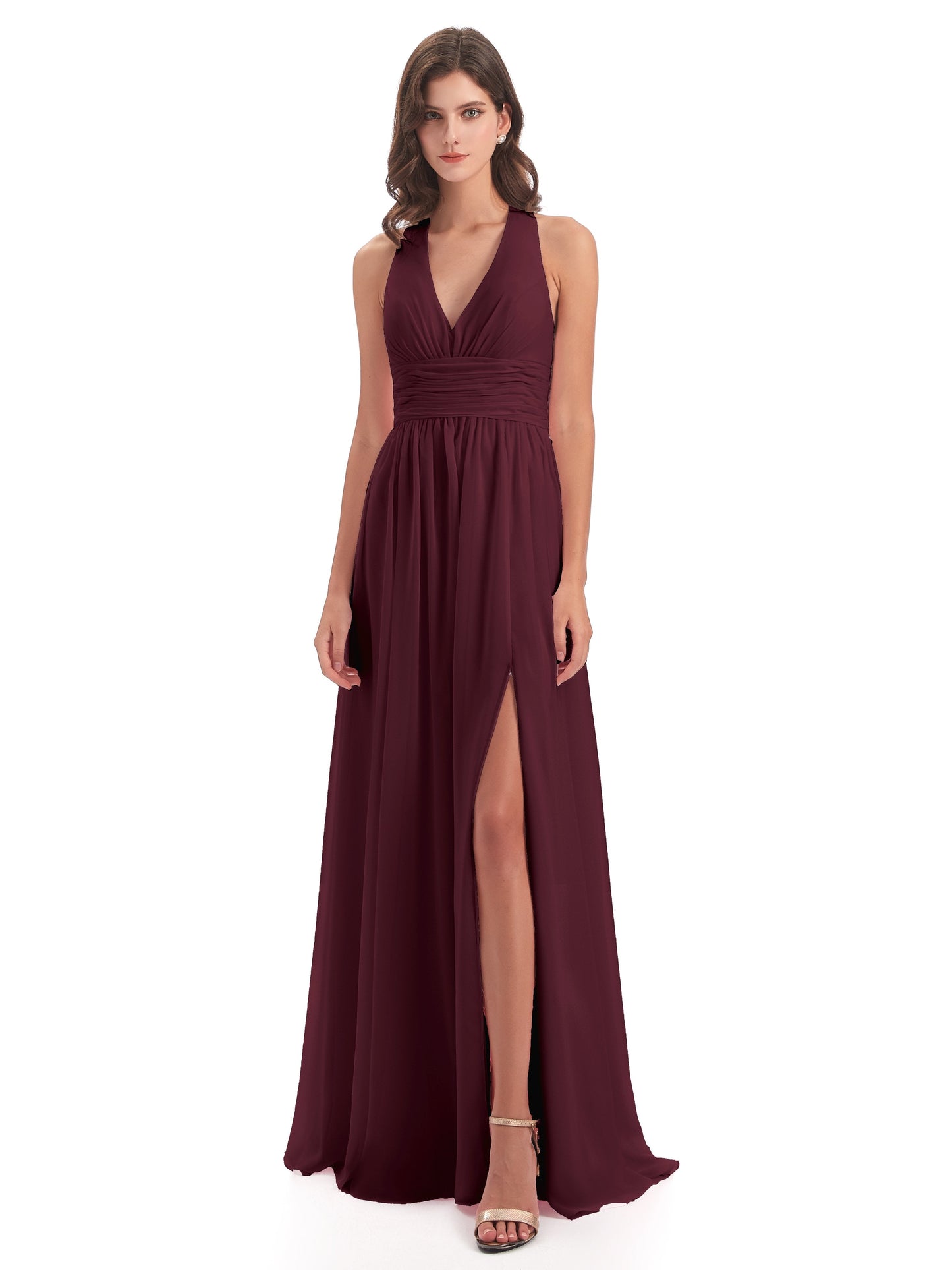 Emily Floor Length V Neck Split Chiffon Bridesmaid Dresses