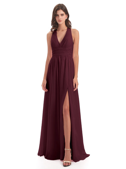 Emily Floor Length V Neck Split Chiffon Bridesmaid Dresses