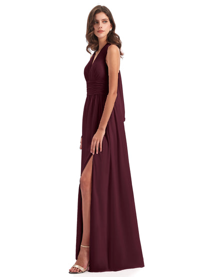 Emily Floor Length V Neck Split Chiffon Bridesmaid Dresses