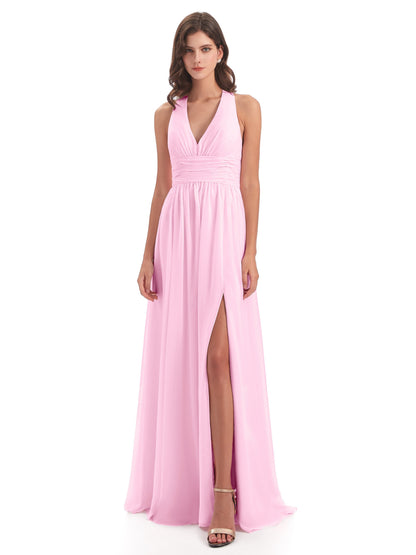 Emily Floor Length V Neck Split Chiffon Bridesmaid Dresses