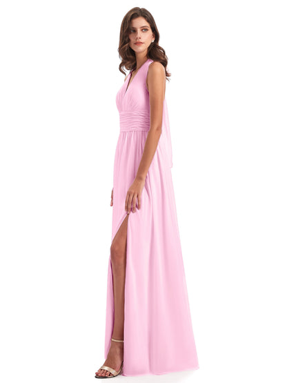 Emily Floor Length V Neck Split Chiffon Bridesmaid Dresses