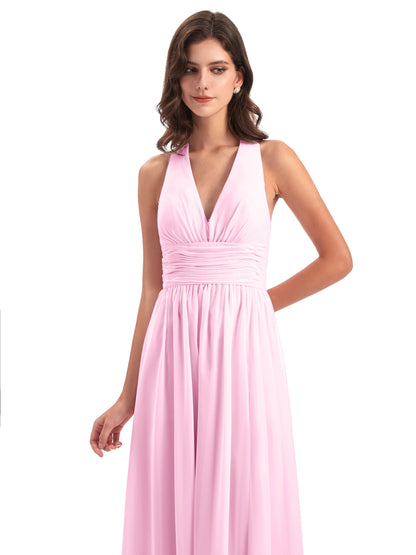 Emily Floor Length V Neck Split Chiffon Bridesmaid Dresses