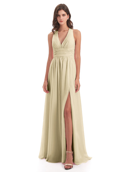 Emily Floor Length V Neck Split Chiffon Bridesmaid Dresses