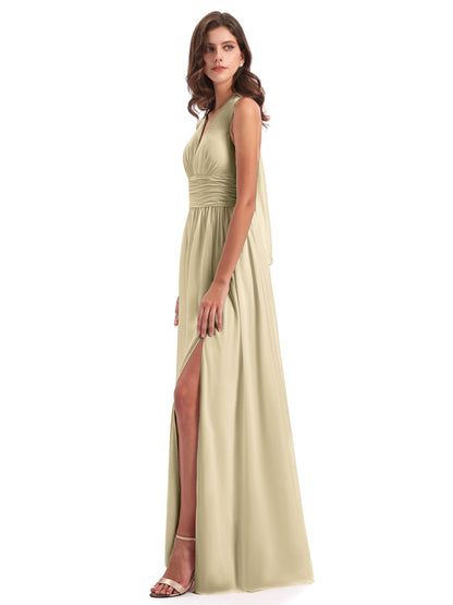 Emily Floor Length V Neck Split Chiffon Bridesmaid Dresses