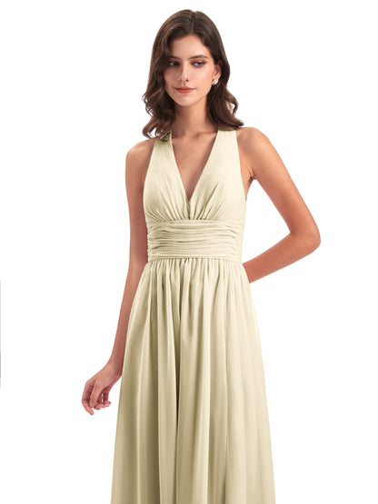 Emily Floor Length V Neck Split Chiffon Bridesmaid Dresses