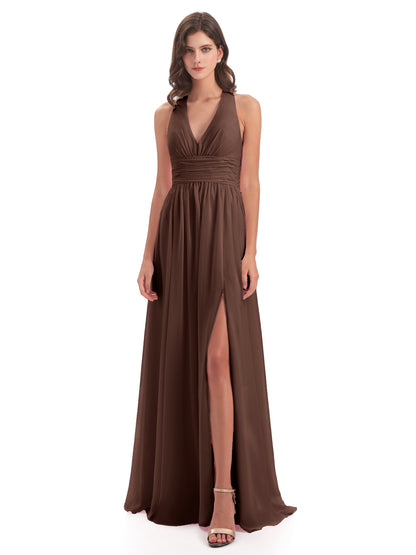 Emily Floor Length V Neck Split Chiffon Bridesmaid Dresses