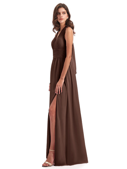 Emily Floor Length V Neck Split Chiffon Bridesmaid Dresses