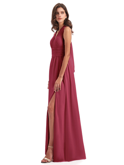 Emily Floor Length V Neck Split Chiffon Bridesmaid Dresses