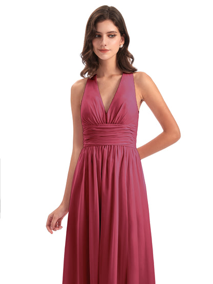 Emily Floor Length V Neck Split Chiffon Bridesmaid Dresses