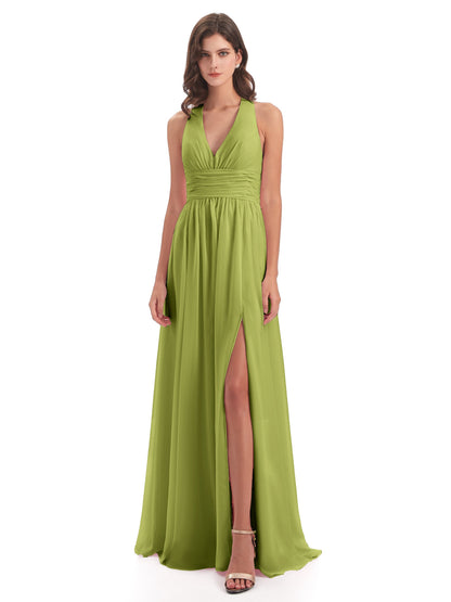 Emily Floor Length V Neck Split Chiffon Bridesmaid Dresses