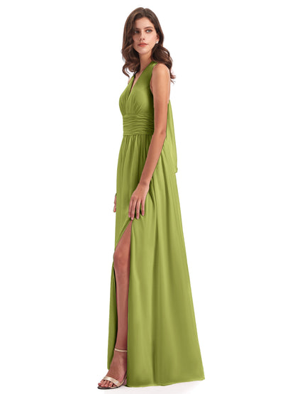 Emily Floor Length V Neck Split Chiffon Bridesmaid Dresses