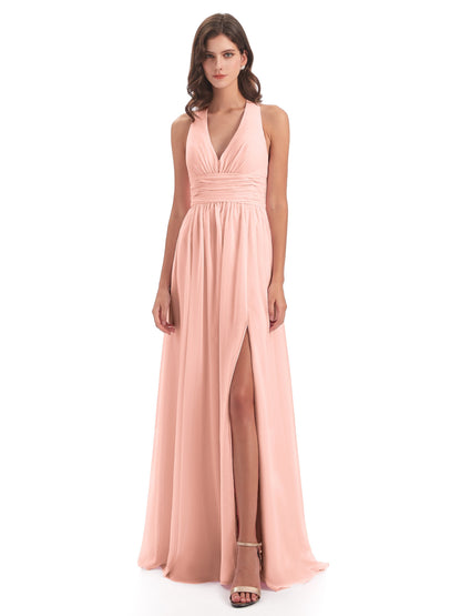 Emily Floor Length V Neck Split Chiffon Bridesmaid Dresses