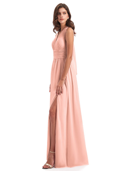 Emily Floor Length V Neck Split Chiffon Bridesmaid Dresses