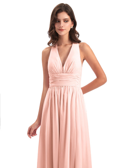 Emily Floor Length V Neck Split Chiffon Bridesmaid Dresses