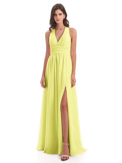Emily Floor Length V Neck Split Chiffon Bridesmaid Dresses