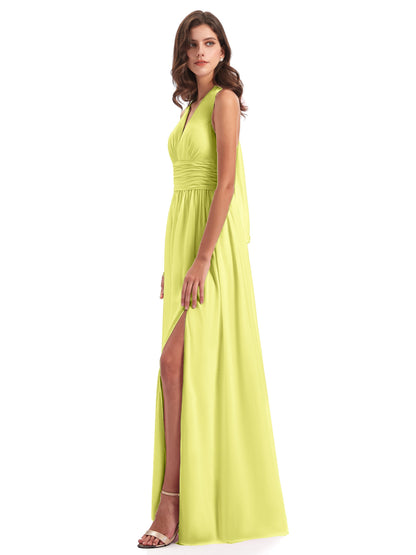 Emily Floor Length V Neck Split Chiffon Bridesmaid Dresses