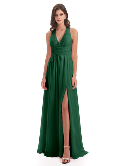 Emily Floor Length V Neck Split Chiffon Bridesmaid Dresses