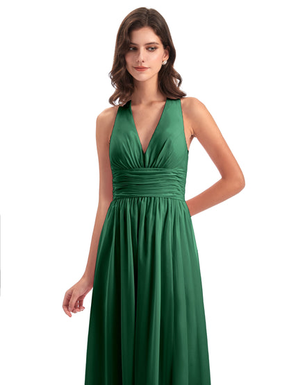 Emily Floor Length V Neck Split Chiffon Bridesmaid Dresses