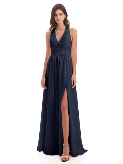 Emily Floor Length V Neck Split Chiffon Bridesmaid Dresses