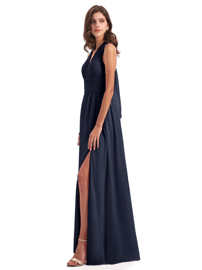 Emily Floor Length V Neck Split Chiffon Bridesmaid Dresses