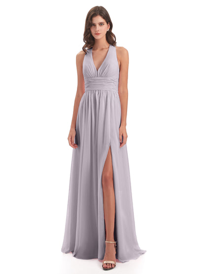 Emily Floor Length V Neck Split Chiffon Bridesmaid Dresses