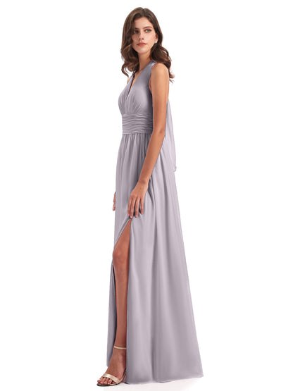 Emily Floor Length V Neck Split Chiffon Bridesmaid Dresses